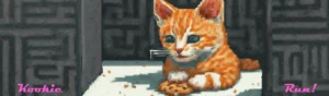 Cute cat in maze eating cookie