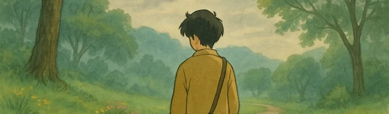 a boy looking at a landscape