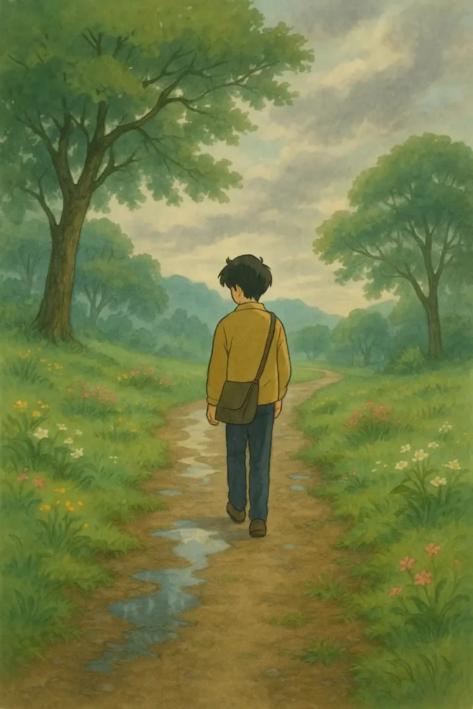 a boy walking on a path in a forest