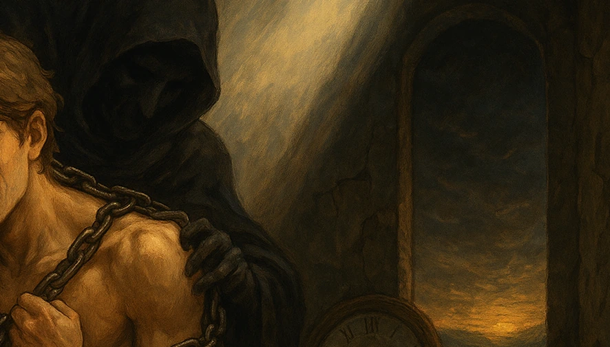 I Kill a Man 2 a man in a black robe holding a man down from getting up with chain