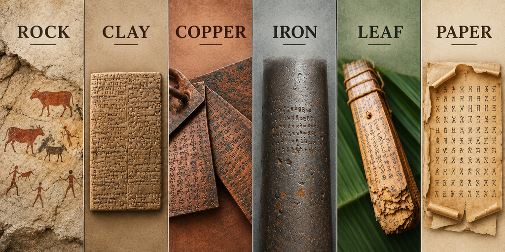 From Words Lost in the Air to Words Written by AI 4 Different writing materials through history including rock, clay, copper, iron, palm leaves and paper