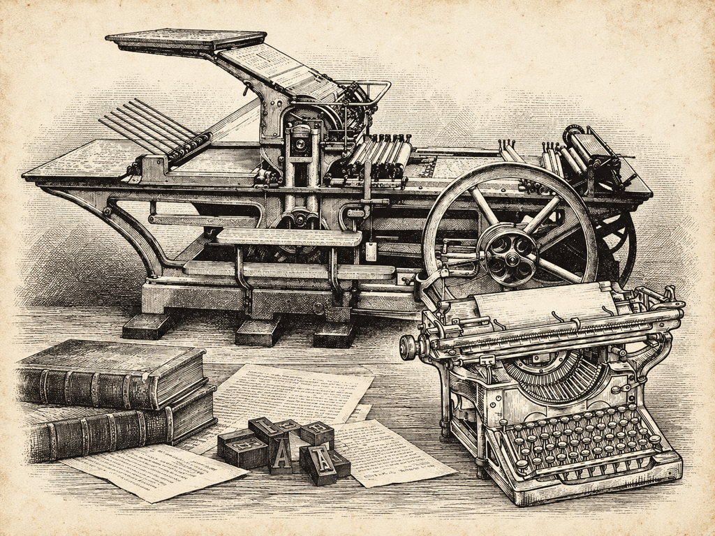 From Words Lost in the Air to Words Written by AI 5 Historic printing press and typewriter showing the evolution of mechanical writing and printing